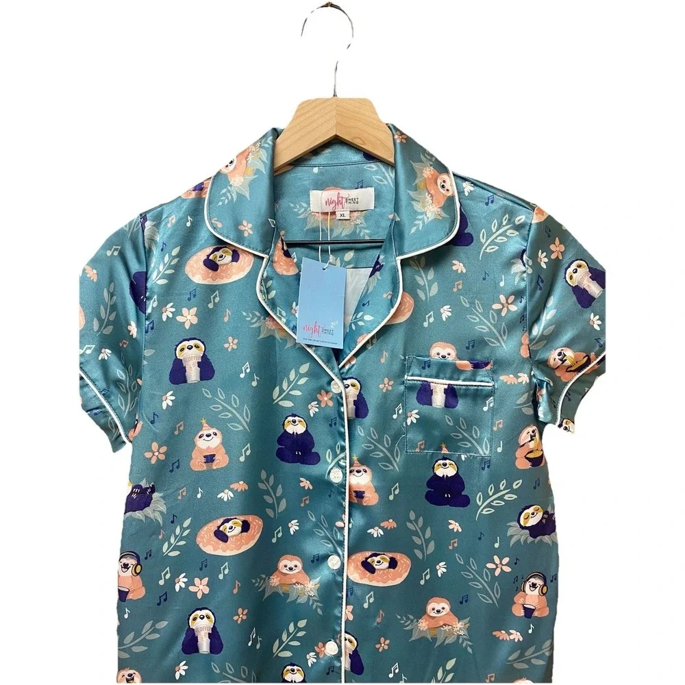 NWT Sloth Satin Pajama Top Girls XL Teal Kawaii Sleep Shirt